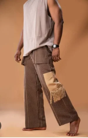 African combact wear 1 Brown Striped Pants with Tan Fringe Pocket