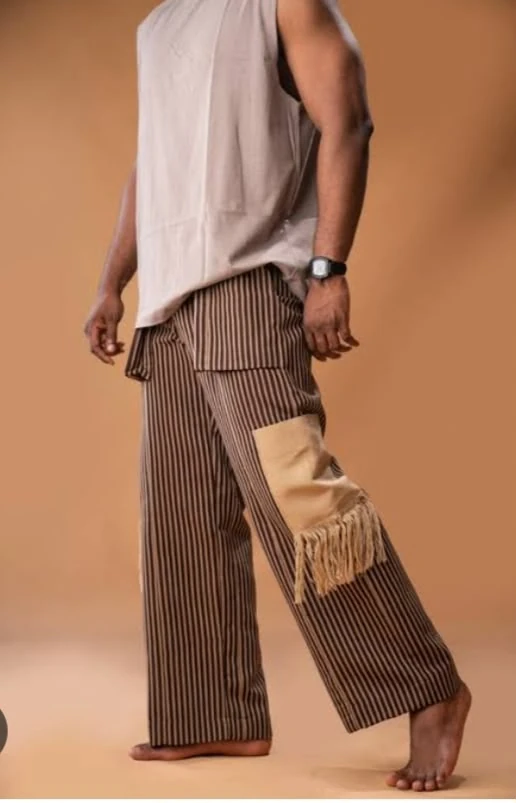 African combact wear 1 Brown Striped Pants with Tan Fringe Pocket
