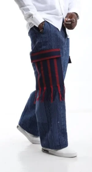 African combact wear 2 Navy Wide-Leg Trousers with Striped Fringe Pocket Pants