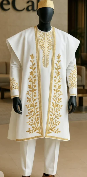 Danshiki4 White Sleeveless Overlay with Gold Vine Embroidery