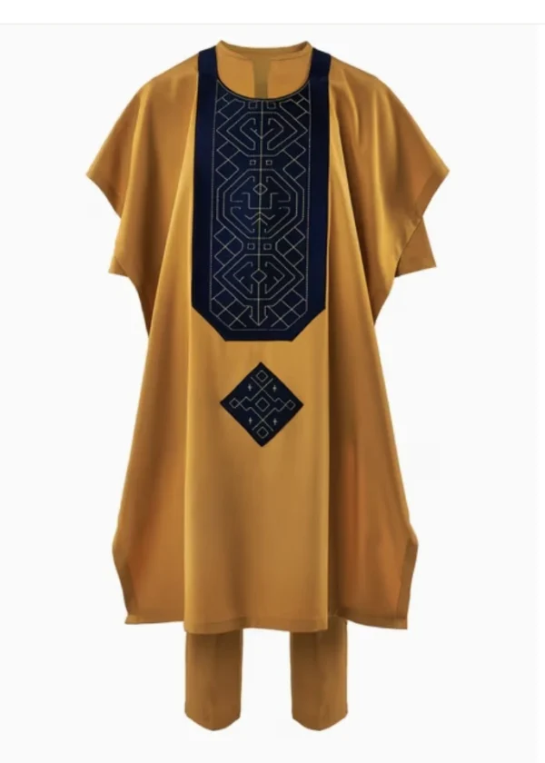 SNOD KIDS001 Mustard Gold Agbada with Navy Geometric Embroidery