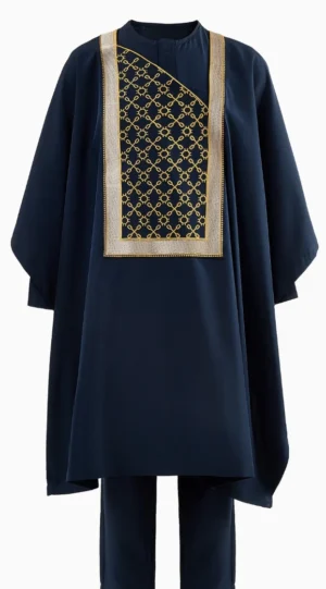SNOD KIDS006 Kids Navy Agbada with Gold Lattice-Embroidered Bib