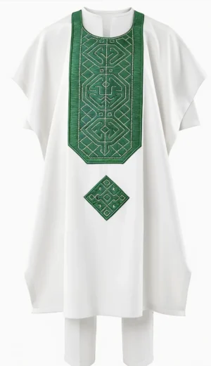 SNOD KIDS007 White Agbada with Green Geometric Embroidered Bib