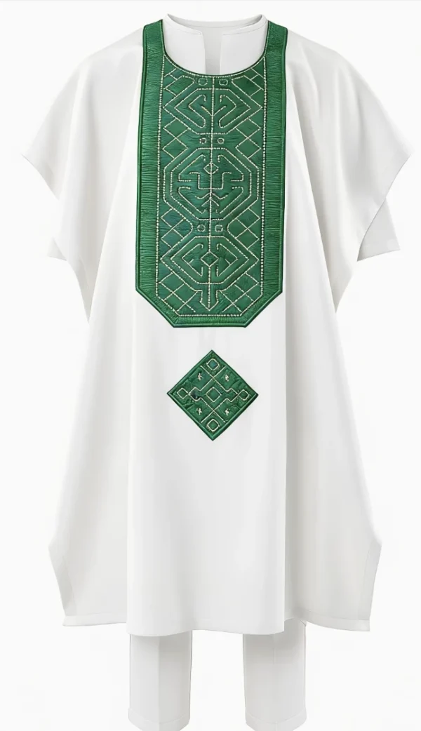 SNOD KIDS007 White Agbada with Green Geometric Embroidered Bib