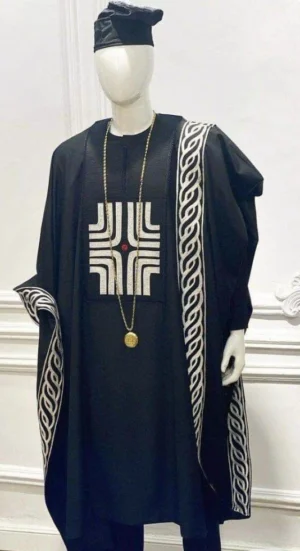 SNOD_agbada10 Black Agbada with White Geometric Embroidery