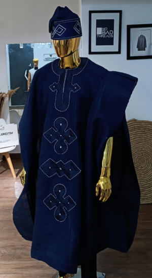 SNOD_agbada14 Navy Agbada with White Clover Medallion Embroidery