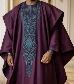 snod_agbada_0001 Wine Agbada with Teal Medallion Embroidery