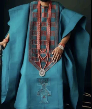 snod_agbada_0002 Teal Agbada with Red and Black Embroidered Panel