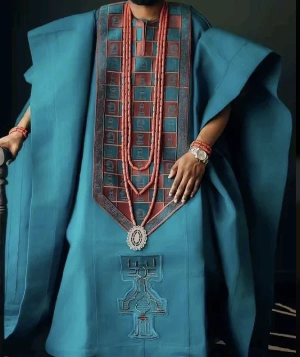 snod_agbada_0002 Teal Agbada with Red and Black Embroidered Panel